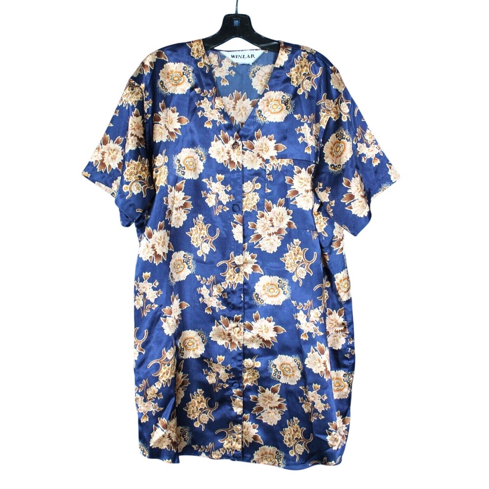 VTG WINLAR Navy SILKY SATIN Button-Up FLORAL Lounge NIGHT GOWN/NIGHTSHIRT Sz M